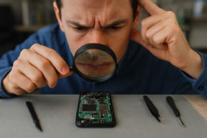 Technician examining a smartphone motherboard under a magnifying glass with repair tools placed on the table.